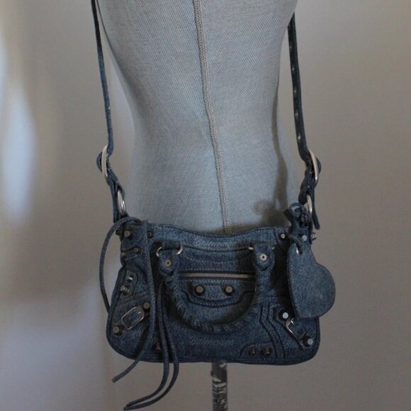Balenciaga  Bag Girly Allover Denim Shoulder Bag Crossbody Top Handle Rivets - Picture 5 of 14
